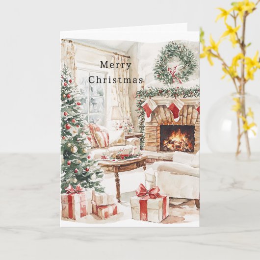 Warm Christmas Tree Fireplace カード (黄色い花)