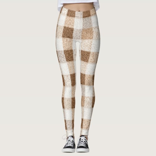Warm Cocoa Cream Brown Plaid Stripes レギンス (正面)