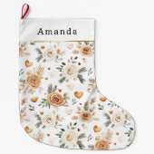 Warm Creamy Caramel Flowers & Hearts Christmas ラージクリスマスストッキング (正面)