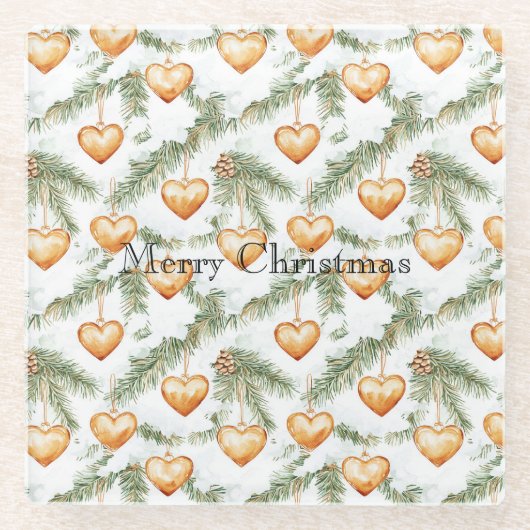 Warm Creamy Caramel Hearts Christmas Tree Branches ガラスコースター (正面)