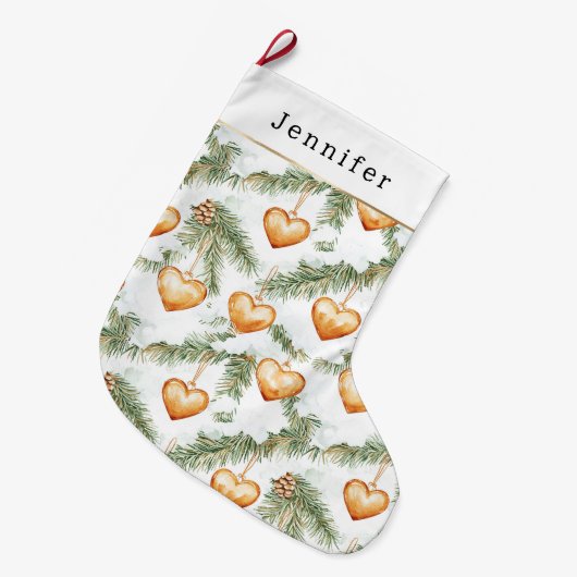 Warm Creamy Caramel Hearts Christmas Tree Branches ラージクリスマスストッキング (正面 (吊り時))