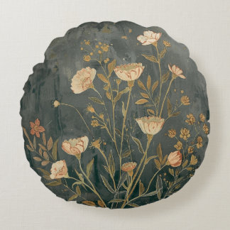 Warm Dark Gray Peach Sage Vintage Wildflower ラウンドクッション