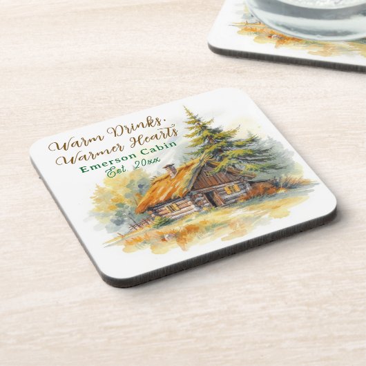 Warm Drinks, Warmer Hearts, Log Cabin Personalized コースター (左側)