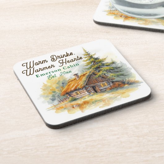 Warm Drinks, Warmer Hearts, Log Cabin Personalized コースター (左側)