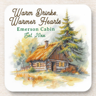Warm Drinks, Warmer Hearts, Log Cabin Personalized コースター