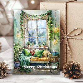 Warm festive scene card vintage holiday watercolor シーズンカード