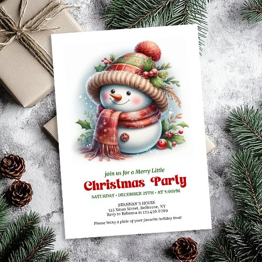 Warm funny snowman invitation printable red green 招待状