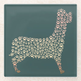 Warm Gold Gradient Paw Print Dog Silhouette Fabric ガラスコースター