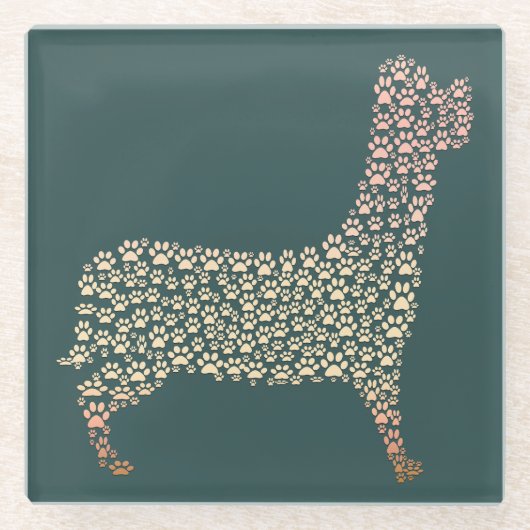 Warm Gold Gradient Paw Print Dog Silhouette Fabric ガラスコースター (正面)