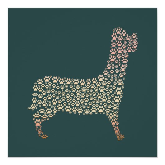 Warm Gold Gradient Paw Print Dog Silhouette Fabric ポスター (正面)