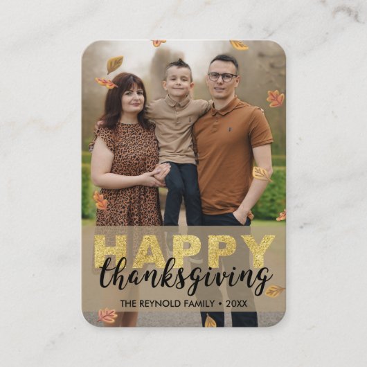 Warm Leaves Gold Script Happy Thanksgiving | 写真 エンクロージャーカード (正面)