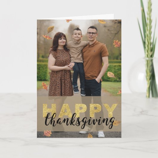 Warm Leaves Gold Script Happy Thanksgiving | 写真 カード (正面)