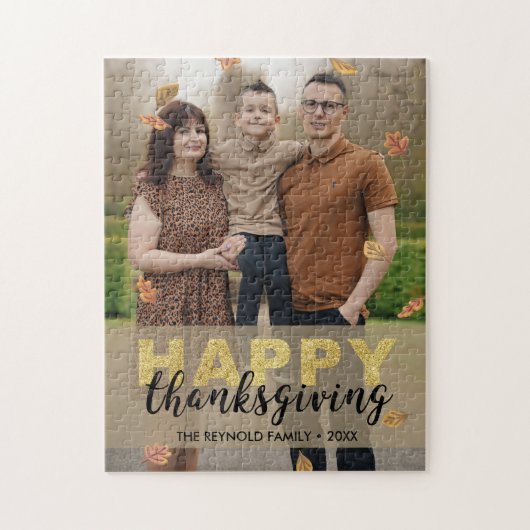 Warm Leaves Gold Script Happy Thanksgiving | 写真 ジグソーパズル (縦)