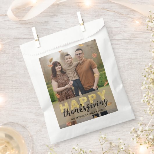 Warm Leaves Gold Script Happy Thanksgiving | 写真 フェイバーバッグ (クリップ留めされた状態)