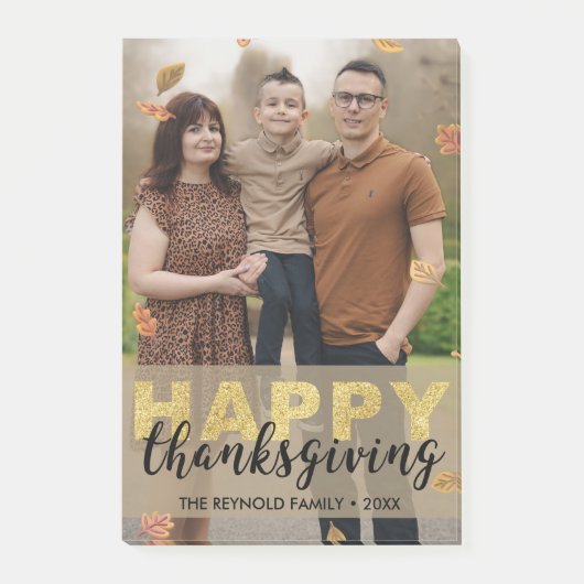 Warm Leaves Gold Script Happy Thanksgiving | 写真 ポストイット (正面)