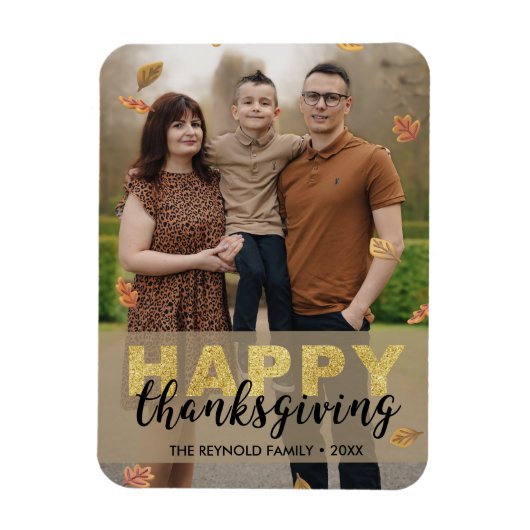 Warm Leaves Gold Script Happy Thanksgiving | 写真 マグネット (縦)