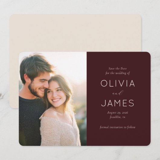 Warm Maroon Elegant Photo セーブザデート (正面/裏面)
