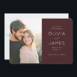 Warm Maroon Elegant Photo セーブザデート<br><div class="desc">This wedding save the date card features a split design with a warm, candid photo on the left and elegant text on the right. The color palette combines soft yellows and browns from the photograph with a rich maroon background for the text section, creating a harmonious blend of casual intimacy...</div>