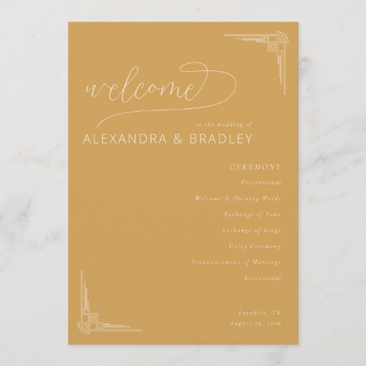 Warm Mustard Wedding Ceremony Schedule プログラム (正面)