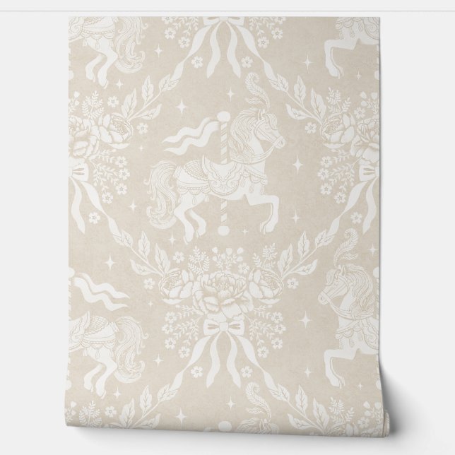 Warm Neutral Beige Rococo Carousel Horses Florals 壁紙 (ほどく)