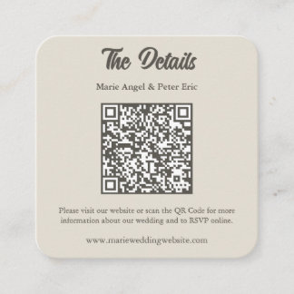 Warm Neutral Monogram QR Code Wedding Details スクエア名刺