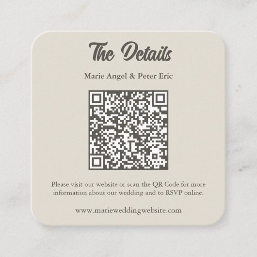 Warm Neutral Monogram QR Code Wedding Details スクエア名刺 (正面)
