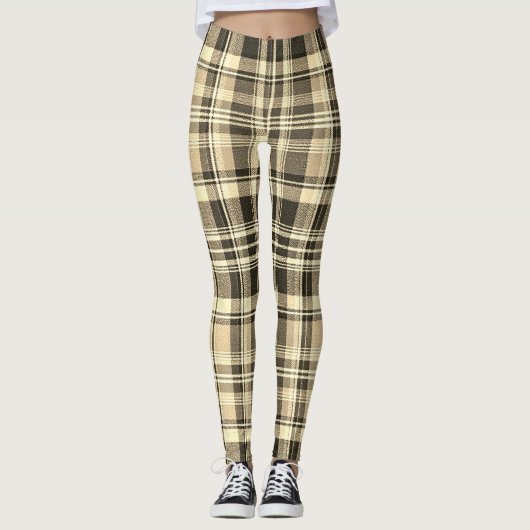 Warm Neutral Tan Brown Classic Plaid レギンス (正面)