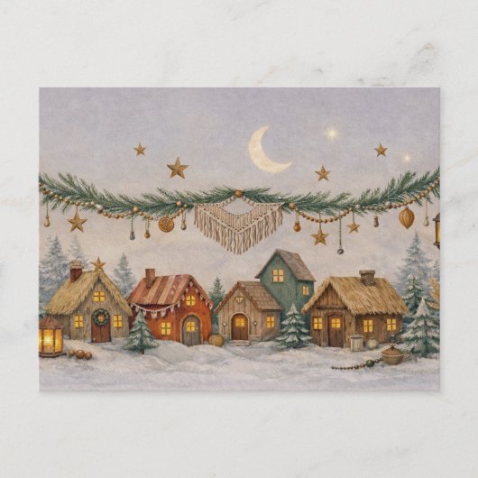 Warm Neutral Watercolor Boho Christmas Village  シーズンポストカード (正面)