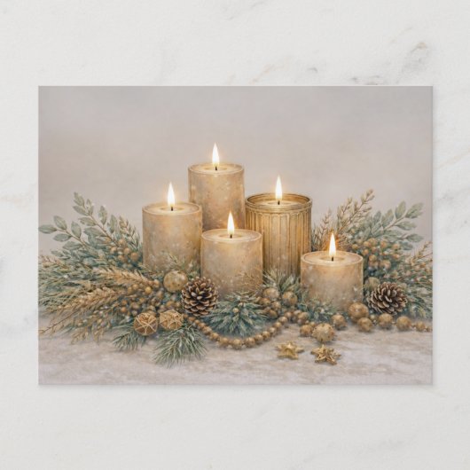 Warm Neutral Watercolor Christmas Candle Evergreen シーズンポストカード (正面)