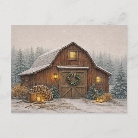 Warm Neutral Watercolor Rustic Christmas Barn シーズンポストカード (正面)