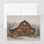 Warm Neutral Watercolor Rustic Christmas Barn シーズンポストカード (正面/裏面)