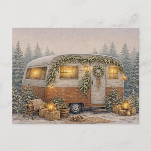 Warm Neutral Watercolor Rustic Christmas Camper シーズンポストカード (正面)