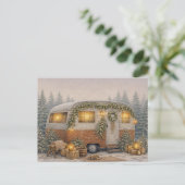 Warm Neutral Watercolor Rustic Christmas Camper シーズンポストカード (スタンド正面)