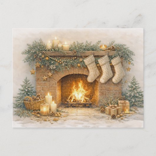 Warm Neutral Watercolor Rustic Christmas Fireplace シーズンポストカード (正面)