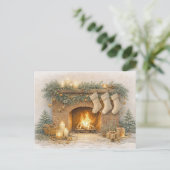 Warm Neutral Watercolor Rustic Christmas Fireplace シーズンポストカード (スタンド正面)