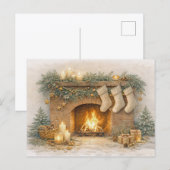 Warm Neutral Watercolor Rustic Christmas Fireplace シーズンポストカード (正面/裏面)