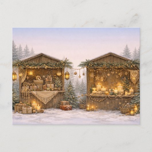 Warm Neutral Watercolor Rustic Christmas Market シーズンポストカード (正面)