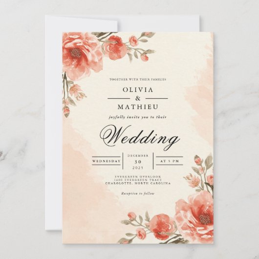 Warm Peach Blossom Frame Wedding 招待状 (正面)