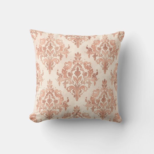 Warm Peach Damask Watercolor Ornamental Pattern クッション (正面)