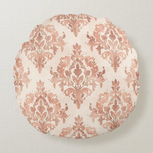 Warm Peach Damask Watercolor Ornamental Pattern ラウンドクッション (正面)