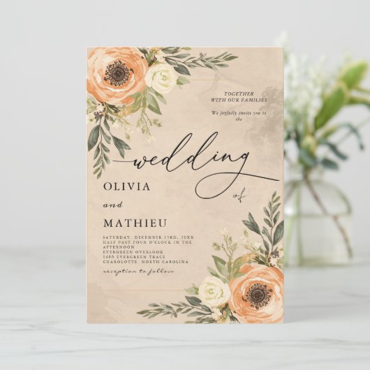 Warm Peach Floral Rustic Wedding 招待状 (スタンド正面)