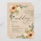 Warm Peach Floral Rustic Wedding 招待状 (正面/裏面)