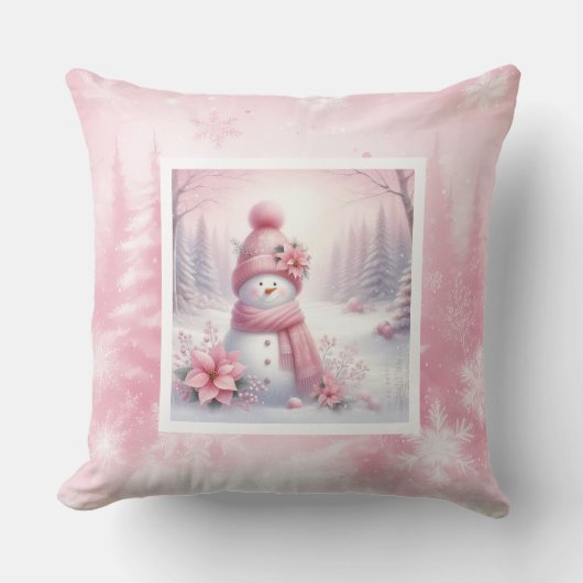 Warm Pinkmas Forest Snowman Christmas Pillow Gift クッション (正面)