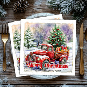 Warm red truck Christmas scene rustic paper napkin
