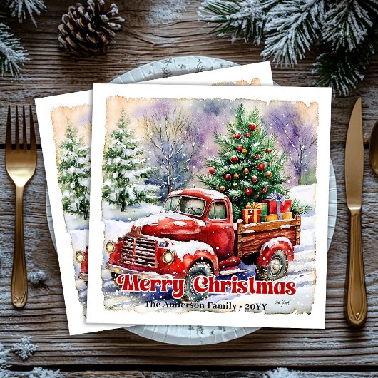 Warm red truck Christmas scene rustic paper napkin