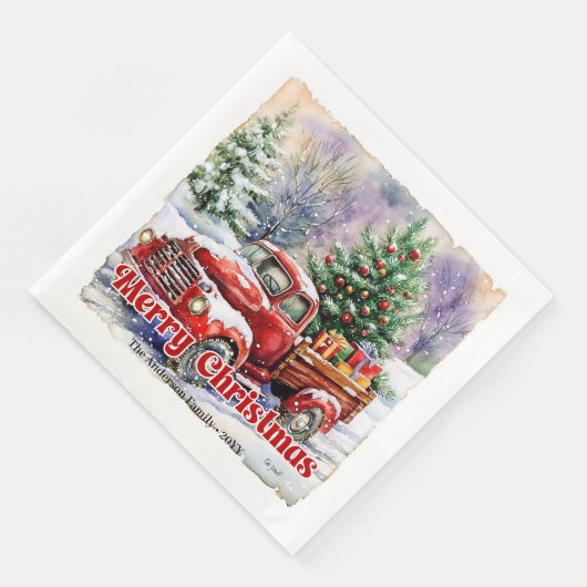 Warm red truck Christmas scene rustic paper napkin (コーナー)