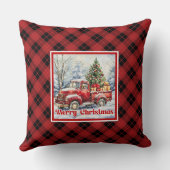 Warm red truck winter scene rustic red green  クッション (裏面)