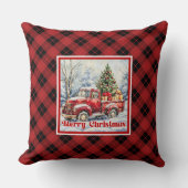 Warm red truck winter scene rustic red green  クッション (正面)