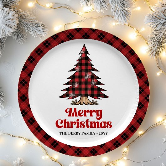 Warm Rustic Plaid Tree Christmas Party Paper Plate ペーパープレート