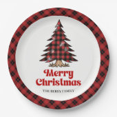Warm Rustic Plaid Tree Christmas Party Paper Plate ペーパープレート (正面)